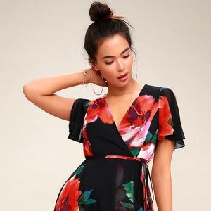 Black floral wrap dress
